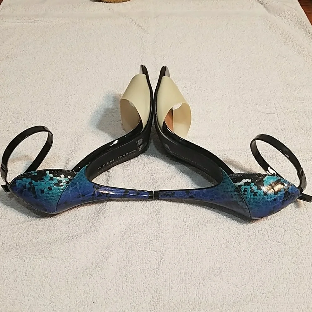 Chinese Laundry Heels Ankle‎ Strap Black Beige Blue Snake Print Pumps
